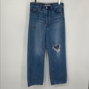 Levis ribcage straight ankle high waist jeans distressed wide leg blue button 27